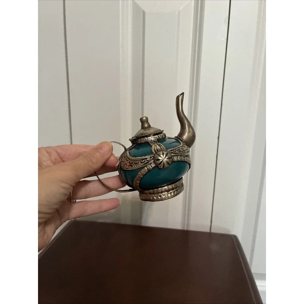 Vintage Moroccan Miniature Teapot Teal Ceramic Silver Metal Filigree Decorative